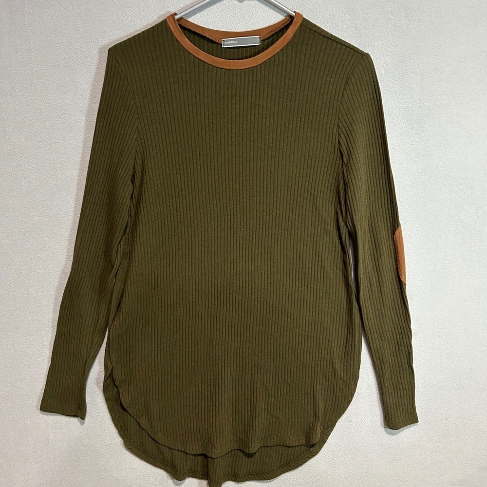 Cherish Olive Green Ribbed Knit Top Women Small Brown Suede Elbow Patches Trim